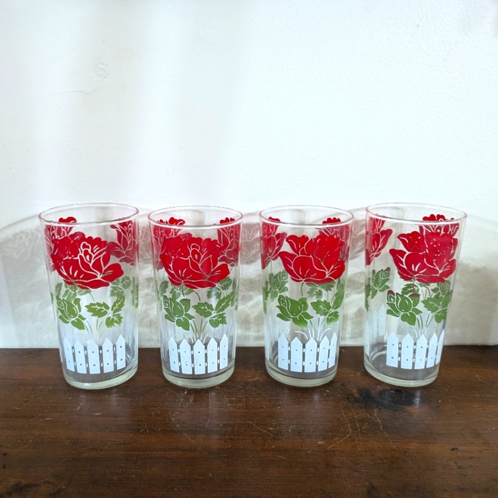 Vintage Hazel Atlas Rose & Fence Glasses 6 Inch Fence Drinking Glass Set of 4